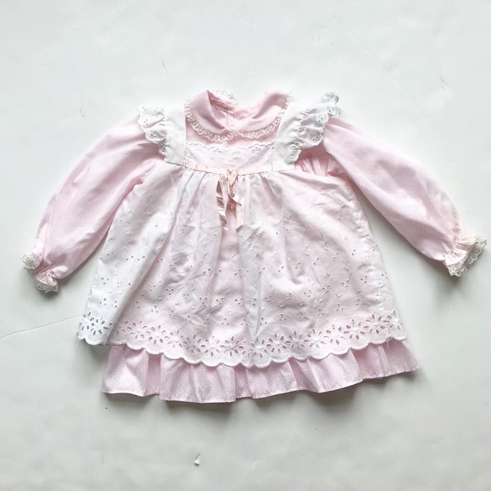 Vintage Pink dot dress w/eyelet pinafore 12-18m
